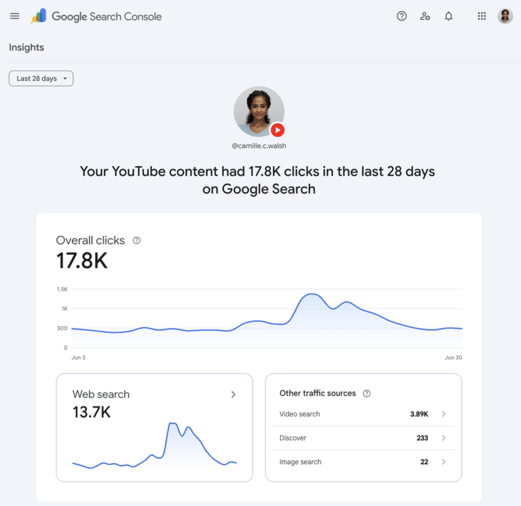 Google Search Console 社群與影音內容成效報表示意