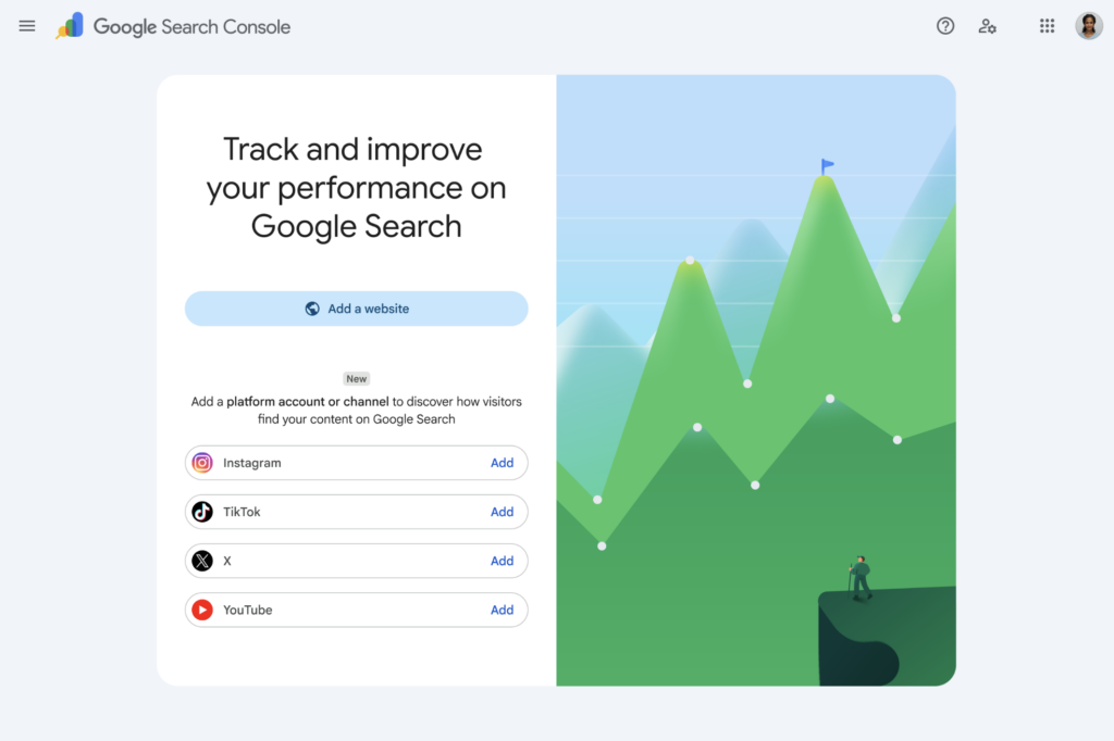 Google Search Console Platform Property 新增平台資源畫面