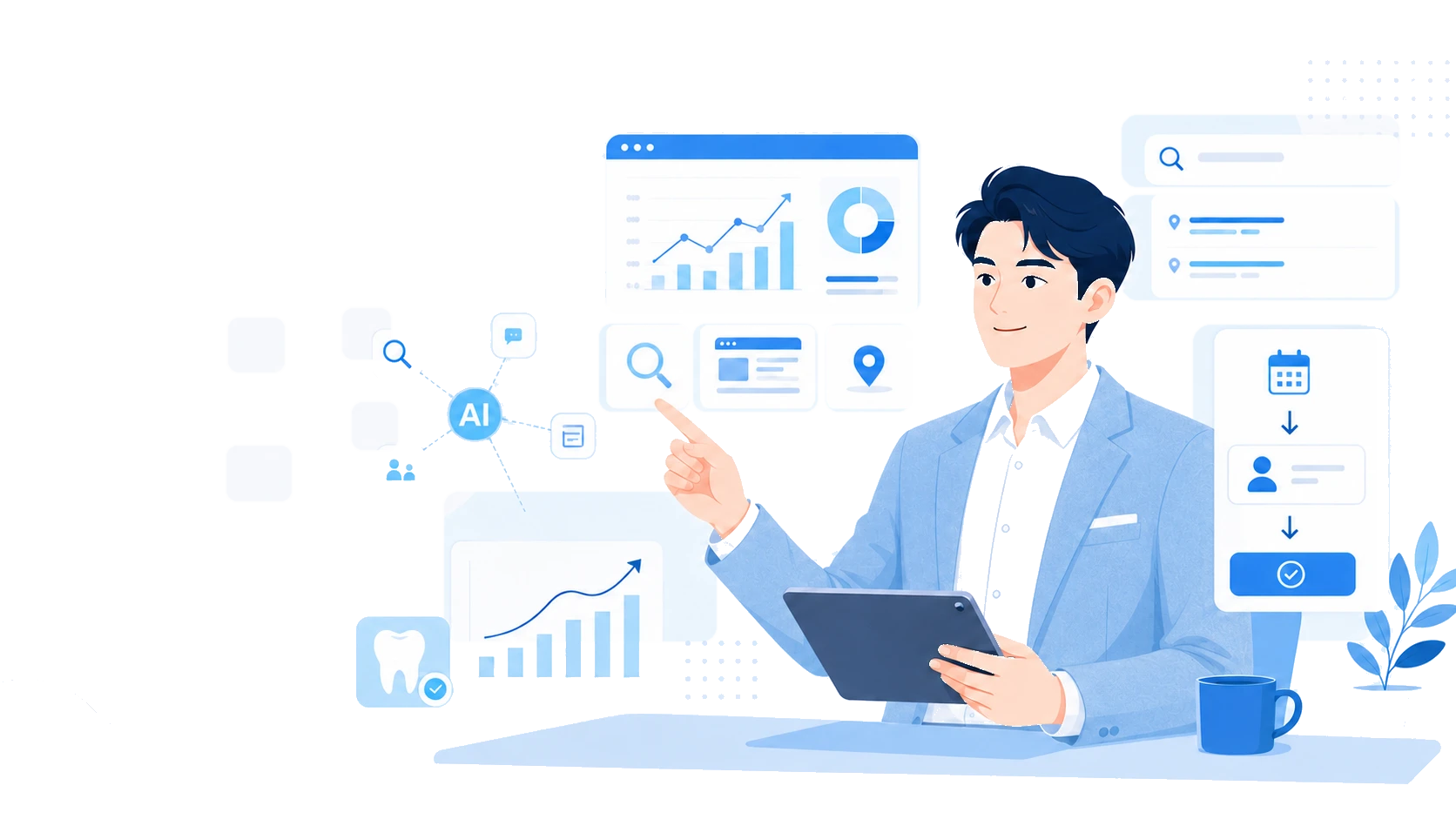 牙醫診所數位行銷顧問、AI SEO 與預約轉換示意圖