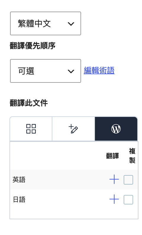 WPML 建立英文翻譯頁面的 WordPress Editor 畫面