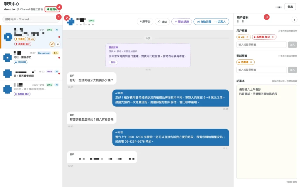 聊天中心三欄畫面:對話列表、聊天室、用戶資料